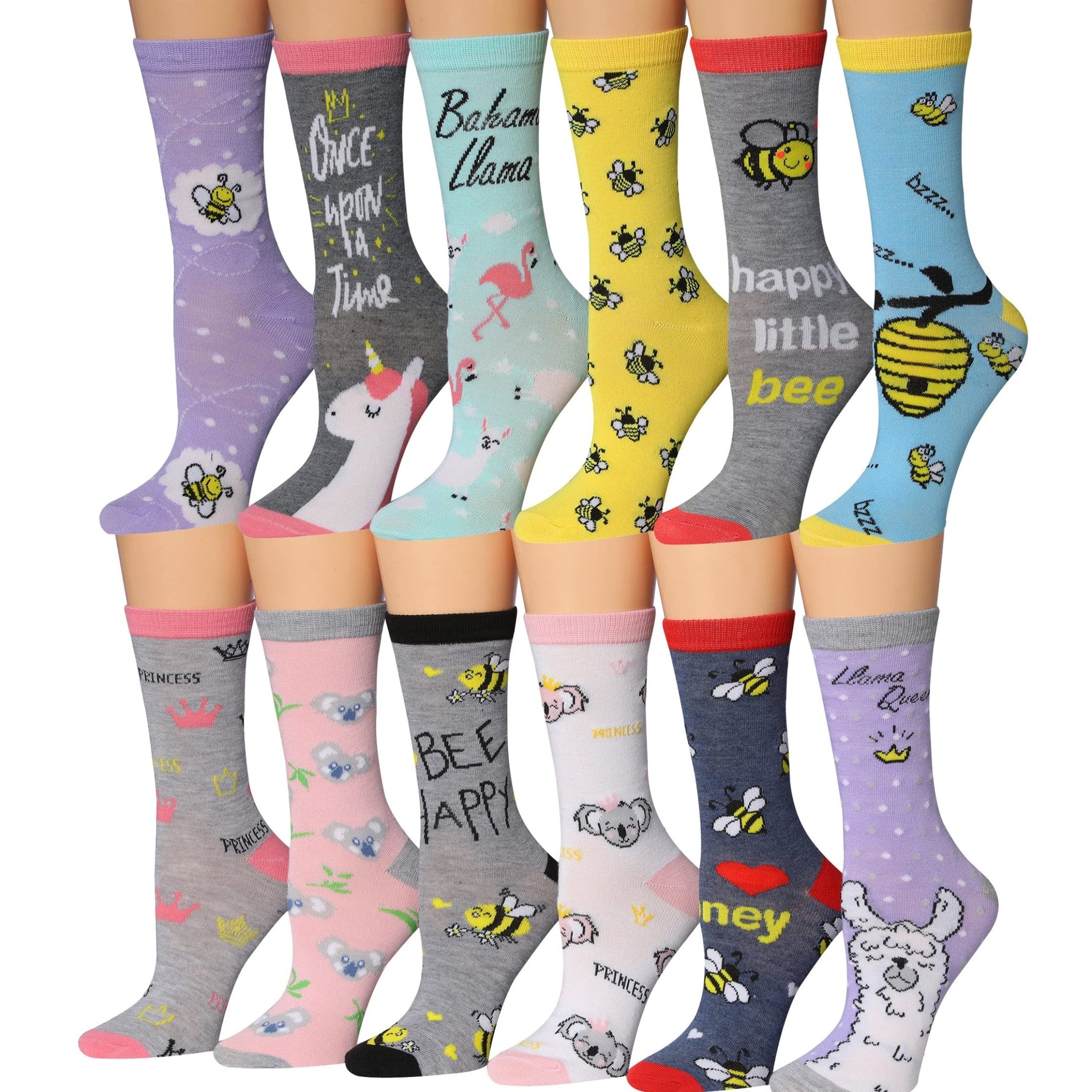 Tipi Toe Women's 12 Pairs Lightweight Colorful Patterned Crew Socks