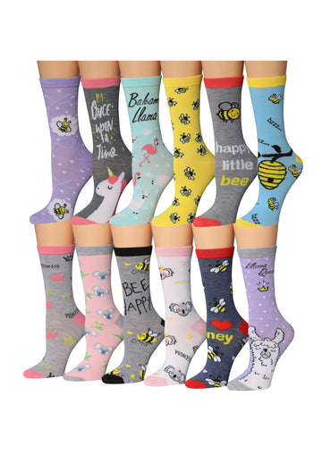 Tipi Toe Women's 12 Pairs Lightweight Colorful Patterned Crew Socks