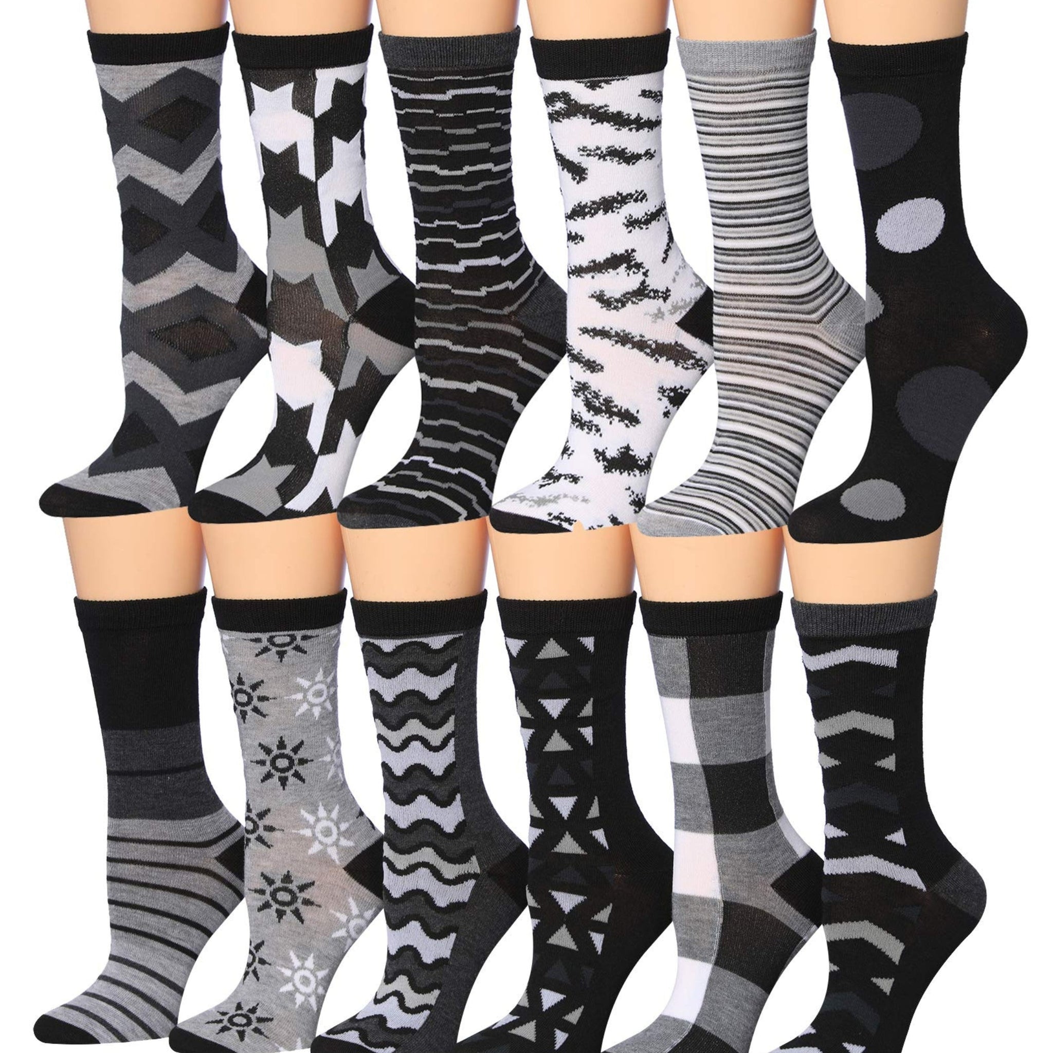 Women's 12 Pairs Lightweight Crew Socks – Variety Black White Colors