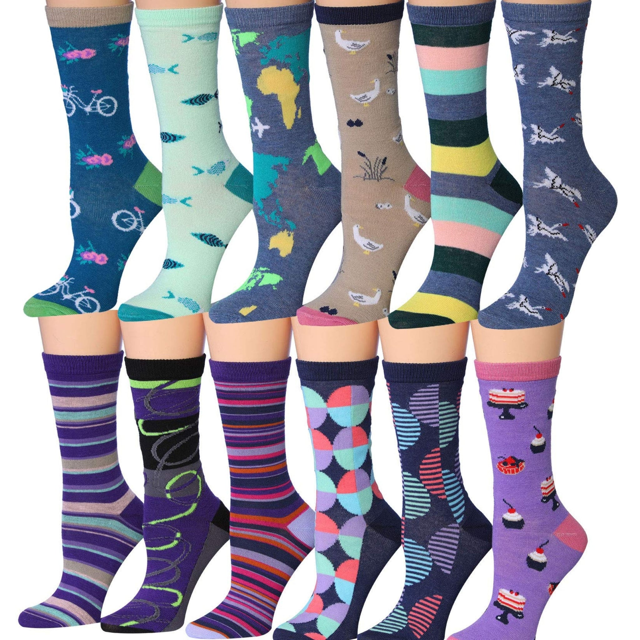 Women's 12 Pairs Lightweight Crew Socks – Colorful Fun Stripes