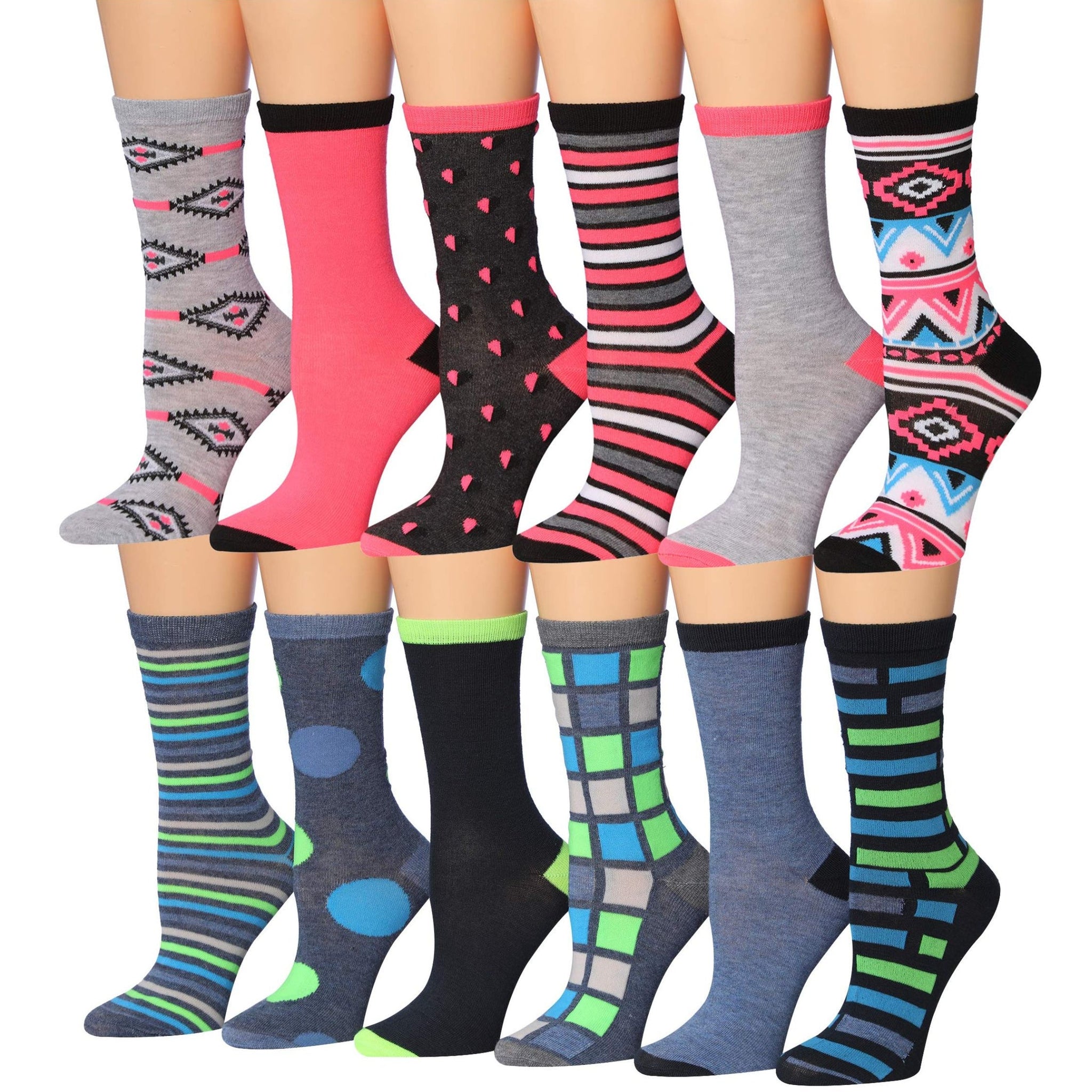 Tipi Toe Women's 12 Pairs Lightweight Colorful Patterned Crew Socks