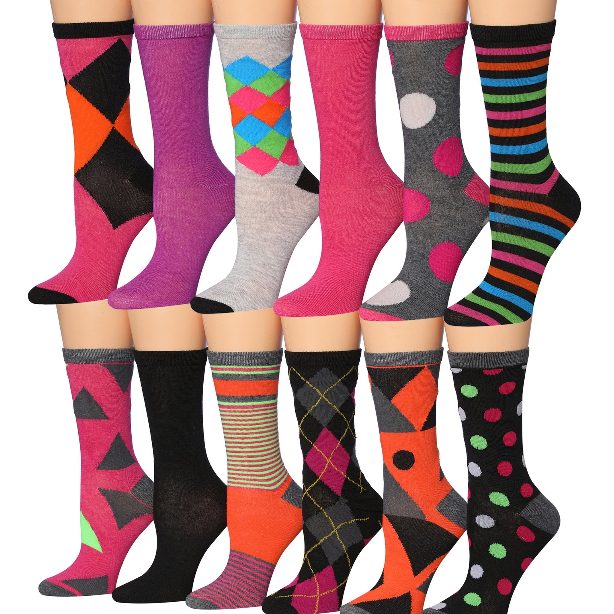 Women's 12 Pairs Lightweight Crew Socks – Red Orange Argyle Polka Dots