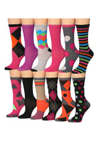 Women's 12 Pairs Lightweight Crew Socks – Red Orange Argyle Polka Dots