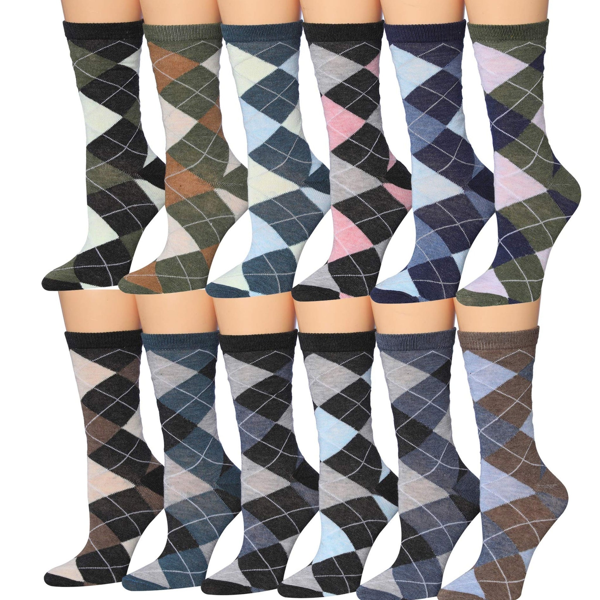 Tipi Toe Women's 12 Pack Lightweight Soft Color Argyle Socks For Women