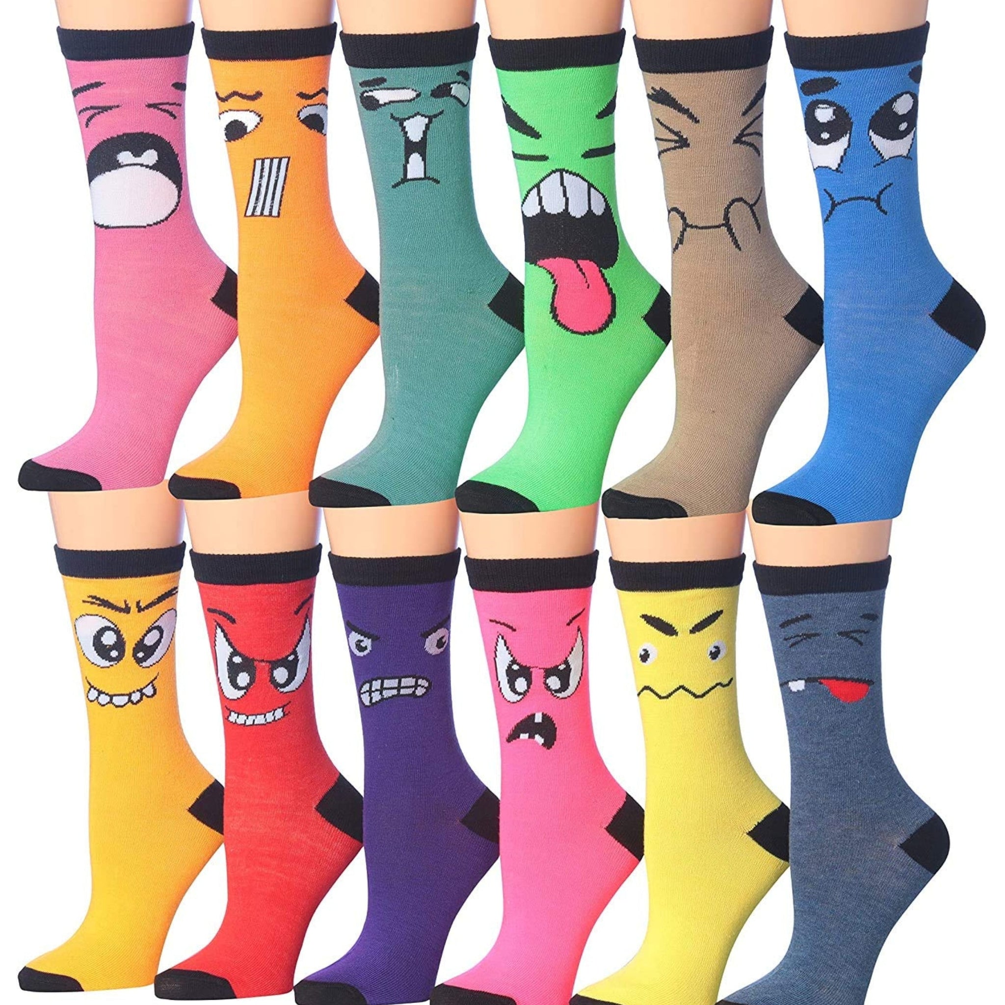 Women's 12 Pairs Lightweight Colorful Funny Crazy Face Patterned Crew