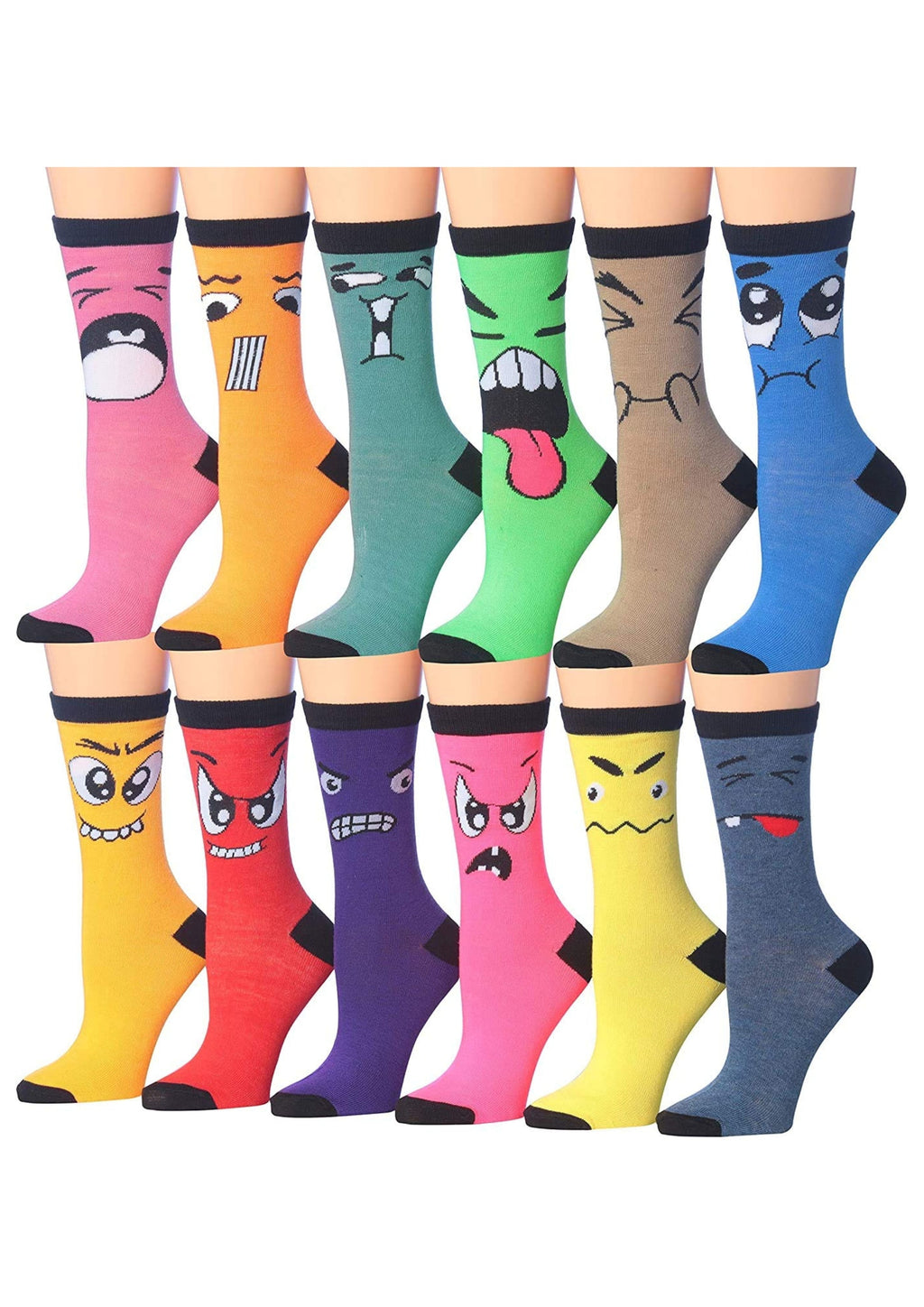 Women's 12 Pairs Lightweight Colorful Funny Crazy Face Patterned Crew