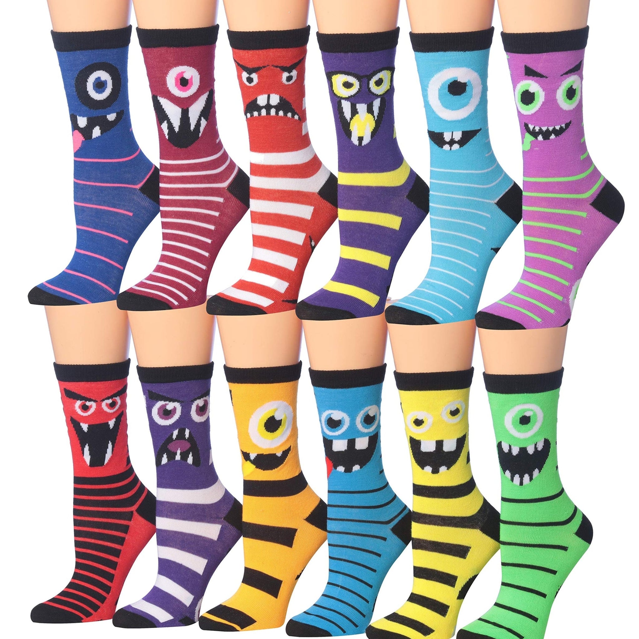 Women's Plus Size 12 Pairs Lightweight Colorful Funny Monster Faces