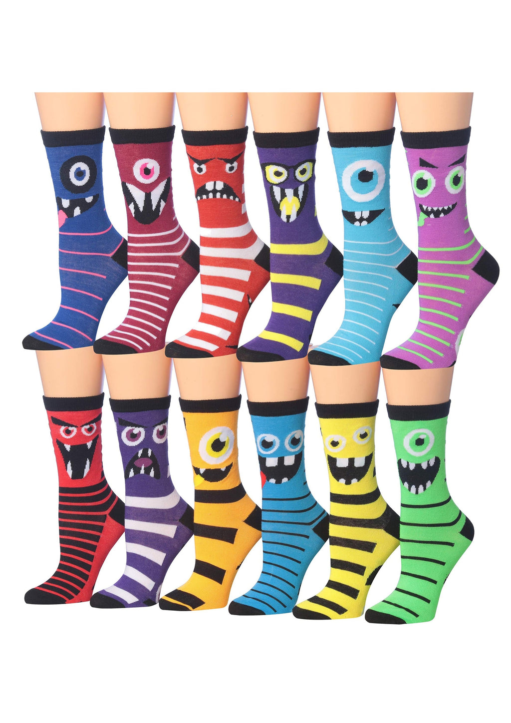 Women's Plus Size 12 Pairs Lightweight Colorful Funny Monster Faces