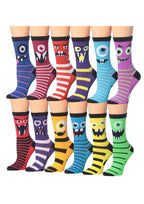 Women's Plus Size 12 Pairs Lightweight Colorful Funny Monster Faces