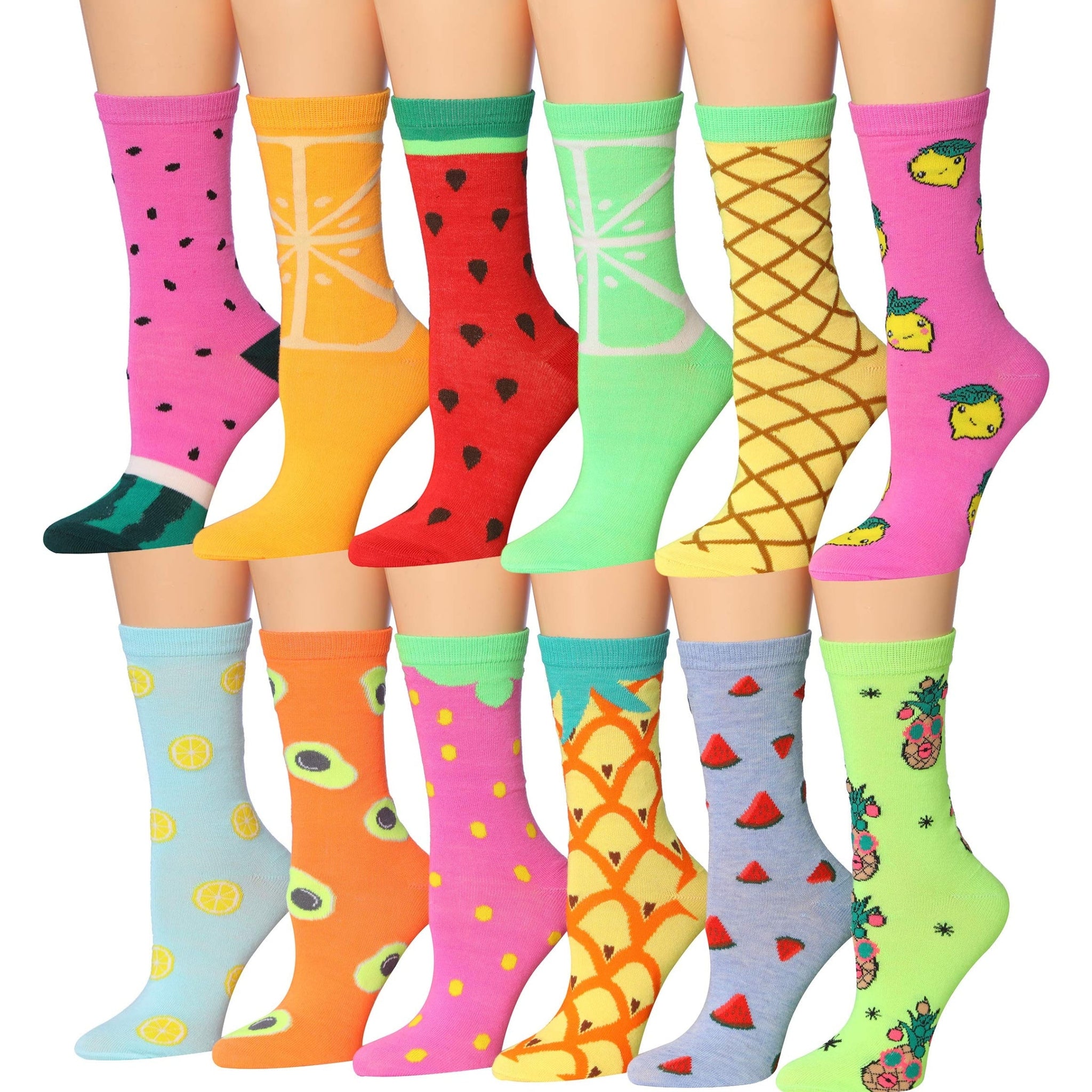 Women's 12 Pairs Lightweight Colorful Strawberry Orange Lime Pineapple