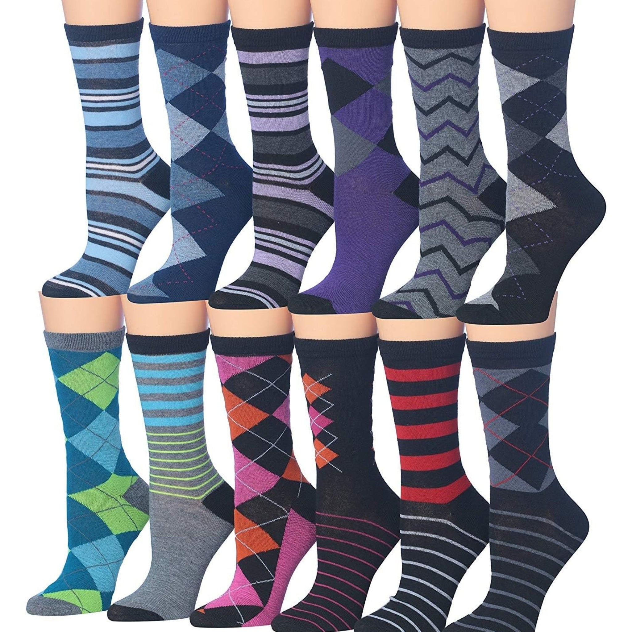 Women's Plus Size 12 Pairs Lightweight Colorful Striped Argyle Zigzag