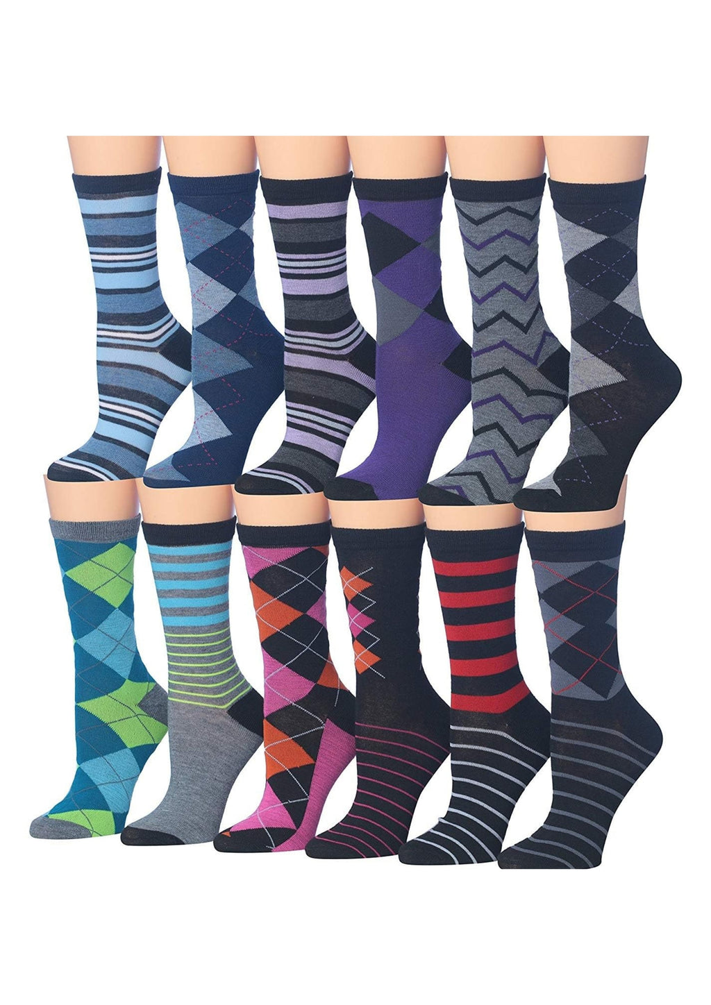 Women's Plus Size 12 Pairs Lightweight Colorful Striped Argyle Zigzag