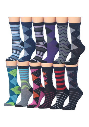 Women's Plus Size 12 Pairs Lightweight Colorful Striped Argyle Zigzag