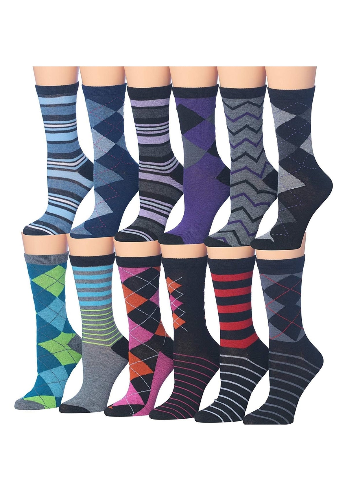 Women's Plus Size 12 Pairs Lightweight Colorful Striped Argyle Zigzag