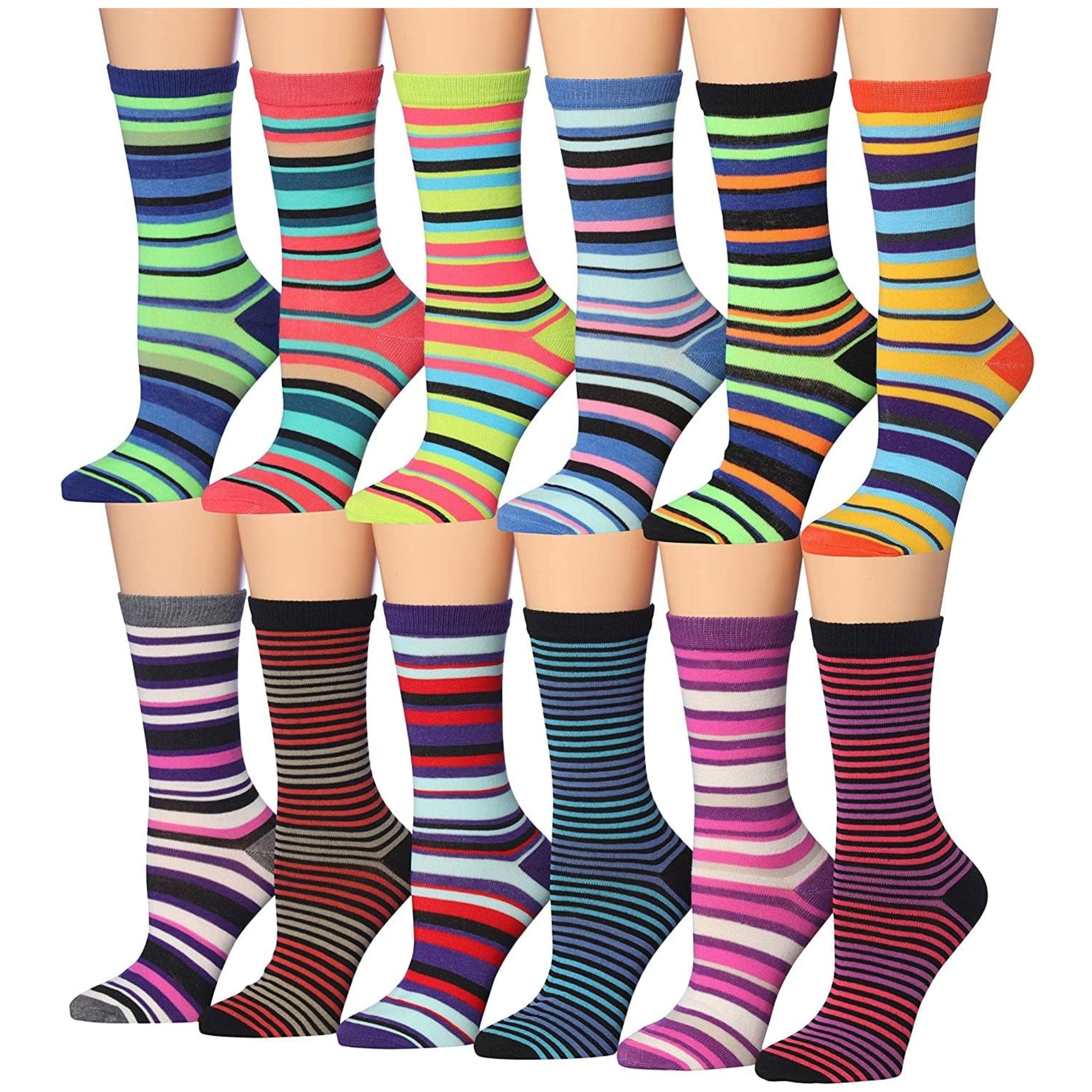 Tipi Toe Women's 12 Pairs Lightweight Colorful Patterned Crew Socks