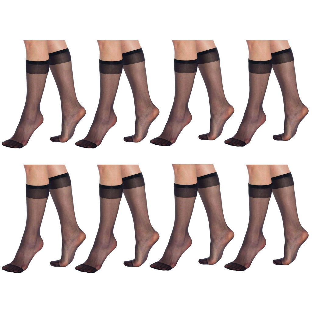8 Pairs Sheer Knee High Socks for Women 15 Denier with Stay-Up Band