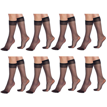 8 Pairs Sheer Knee High Socks for Women 15 Denier with Stay-Up Band