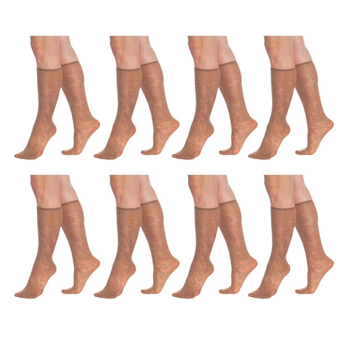 8 Pairs Sheer Knee High Socks for Women 15 Denier with Stay-Up Band
