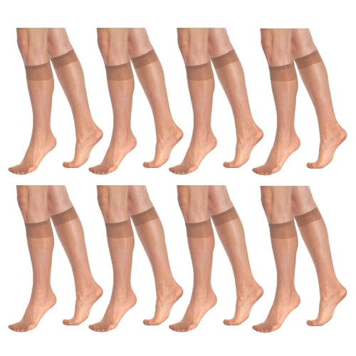 8 Pairs Sheer Knee High Socks for Women 15 Denier with Stay-Up Band