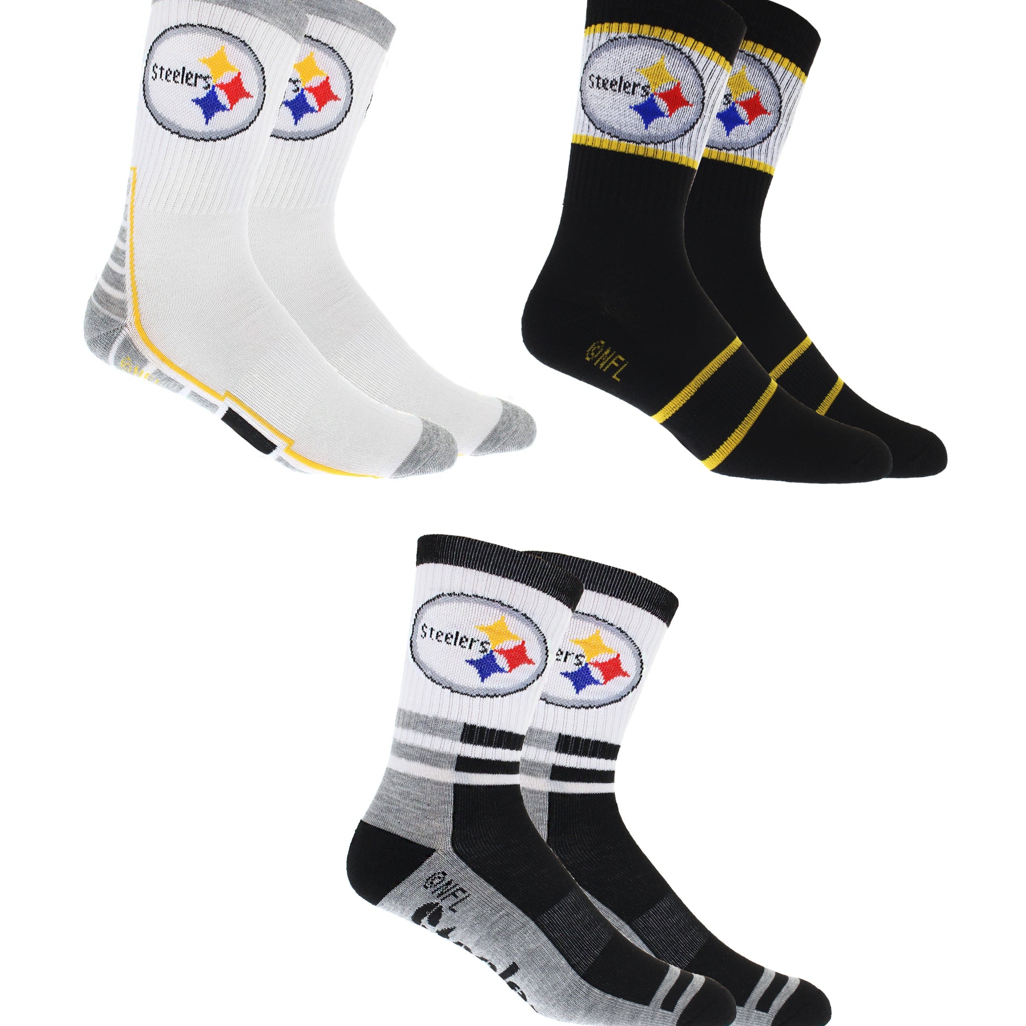 Pittsburgh Steelers Socks 3 Pack Crew Length NFL Football