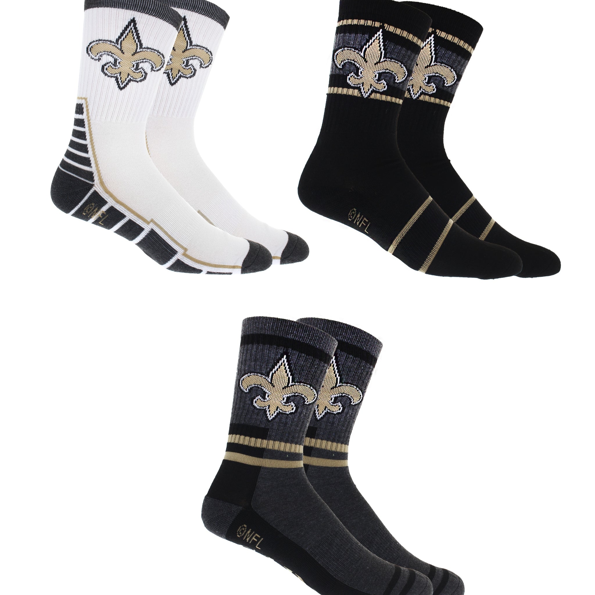 New Orleans Saints Socks 3 Pack Crew Length NFL Football