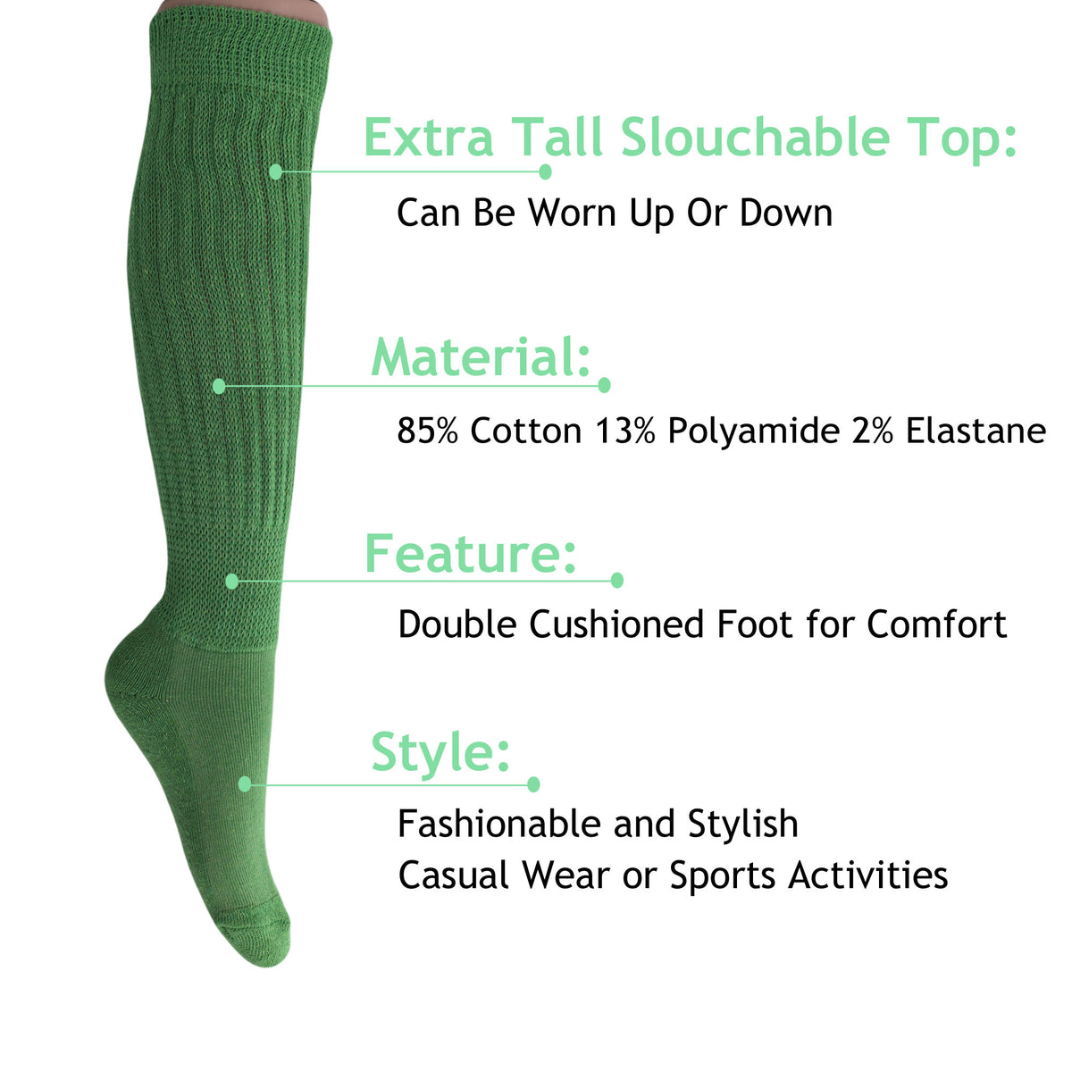 Green Slouch Socks for Women Premium Cotton Knee Socks