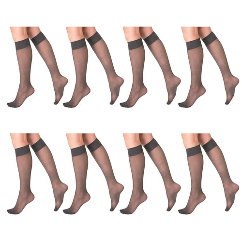 8 Pairs Sheer Knee High Socks for Women 15 Denier with Stay-Up Band