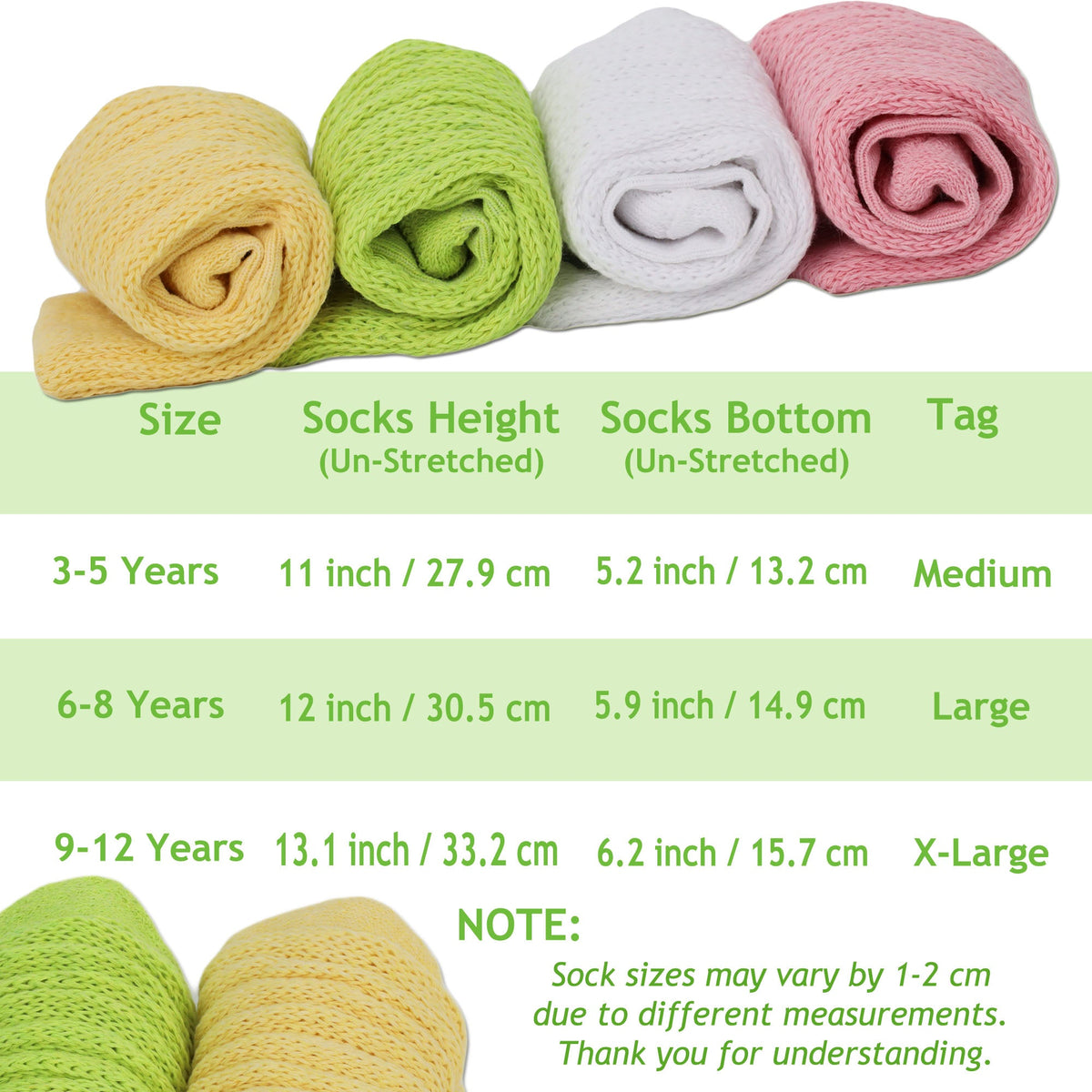Kids Cotton Knee High Slouch Socks, 1 Pair, Ages 3-15, Elastic &