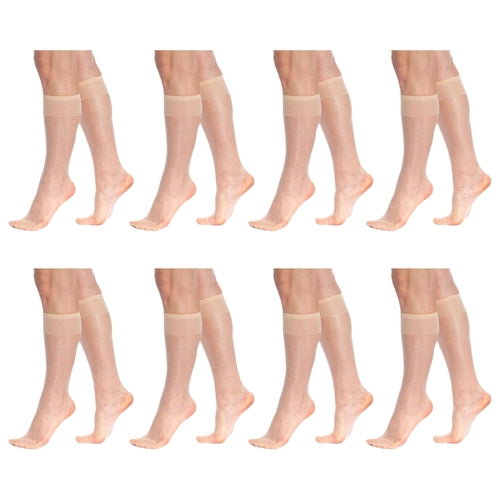 8 Pairs Sheer Knee High Socks for Women 15 Denier with Stay-Up Band