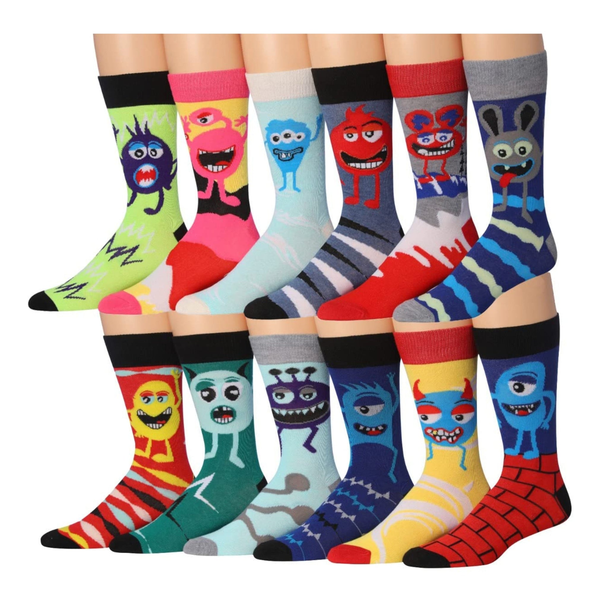 Men's 12 Pairs Casual Novelty Monster Mash Colorful Patterned Dress
