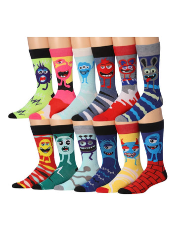 Men's 12 Pairs Casual Novelty Monster Mash Colorful Patterned Dress