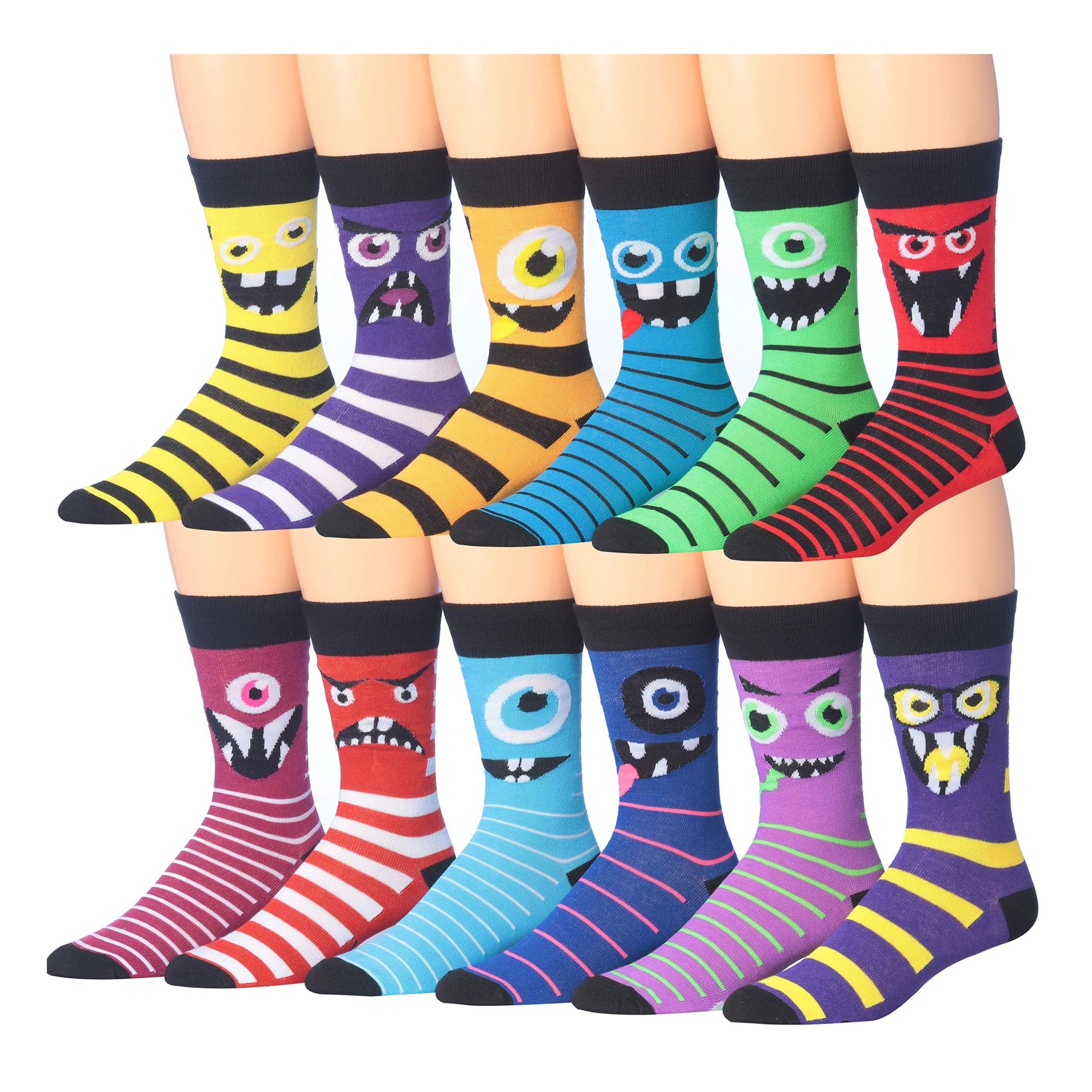 Men's 12 Pairs Casual Novelty Gapped Striped Monster Colorful