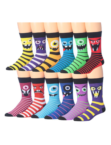 Men's 12 Pairs Casual Novelty Gapped Striped Monster Colorful