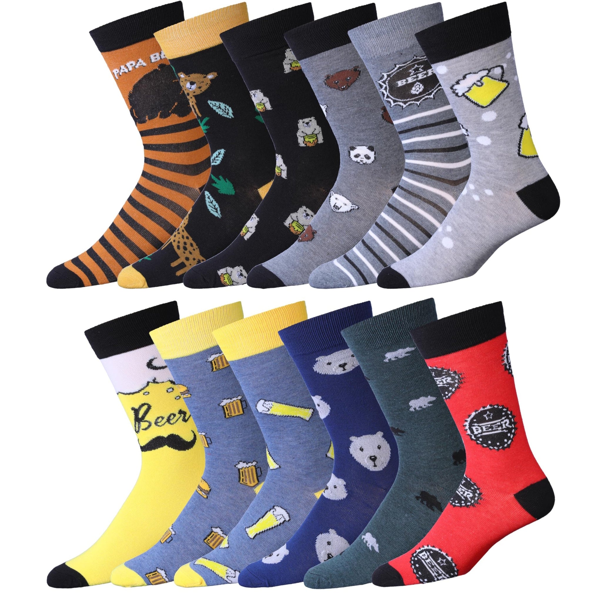 Men's 12 Pairs Casual Novelty Brewery Bear Hugs Colorful Patterned