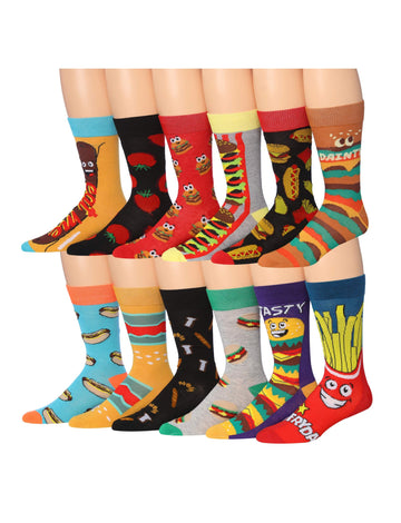 Men's 12 Pairs Casual Novelty Foodie Fantasy Colorful Patterned Dress