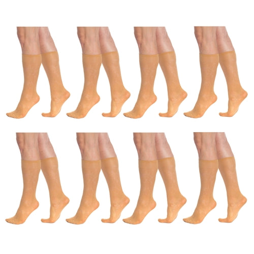 8 Pairs Sheer Knee High Socks for Women 15 Denier with Stay-Up Band