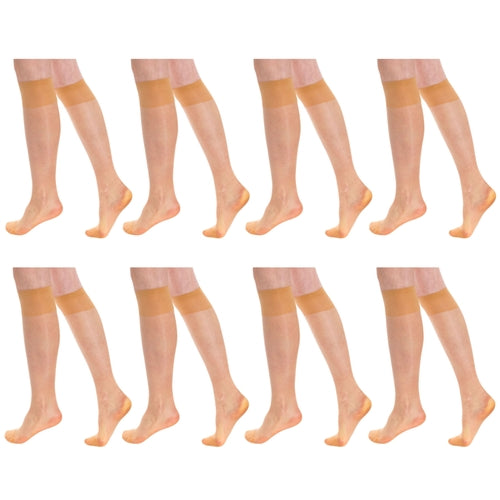 8 Pairs Sheer Knee High Socks for Women 15 Denier with Stay-Up Band