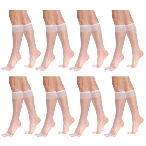 8 Pairs Sheer Knee High Socks for Women 15 Denier with Stay-Up Band