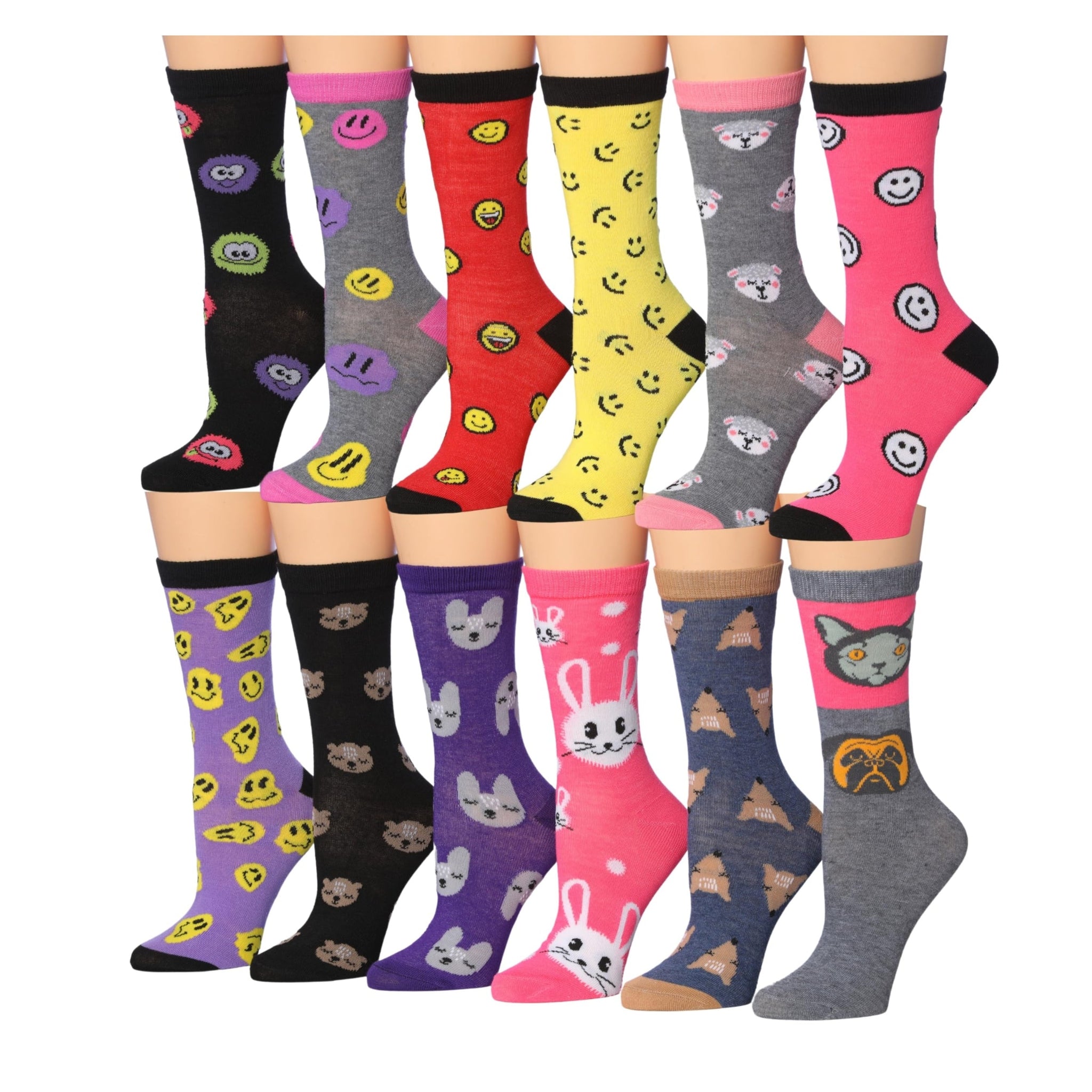 Women's 12 Pairs Lightweight Crew Socks – Colorful Cute Emojis Animal