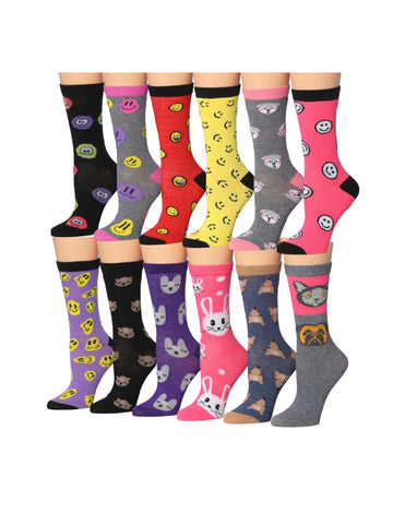 Women's 12 Pairs Lightweight Crew Socks – Colorful Cute Emojis Animal