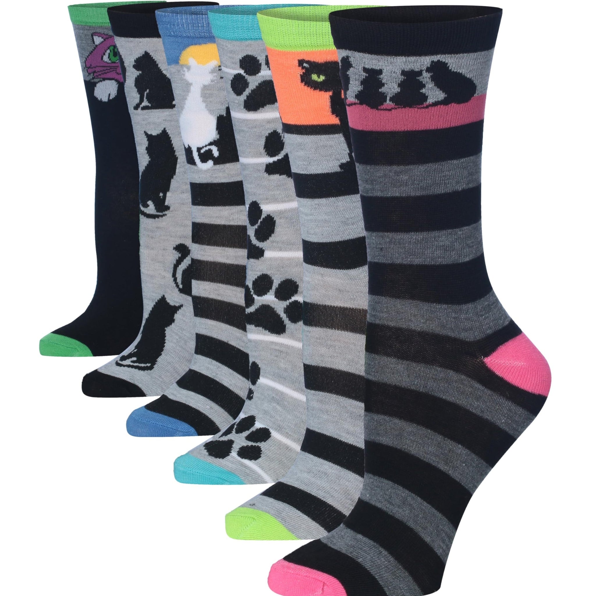 Women's 6-Pairs Lightweight Novelty Colorful Fashion Crew Cat Paw