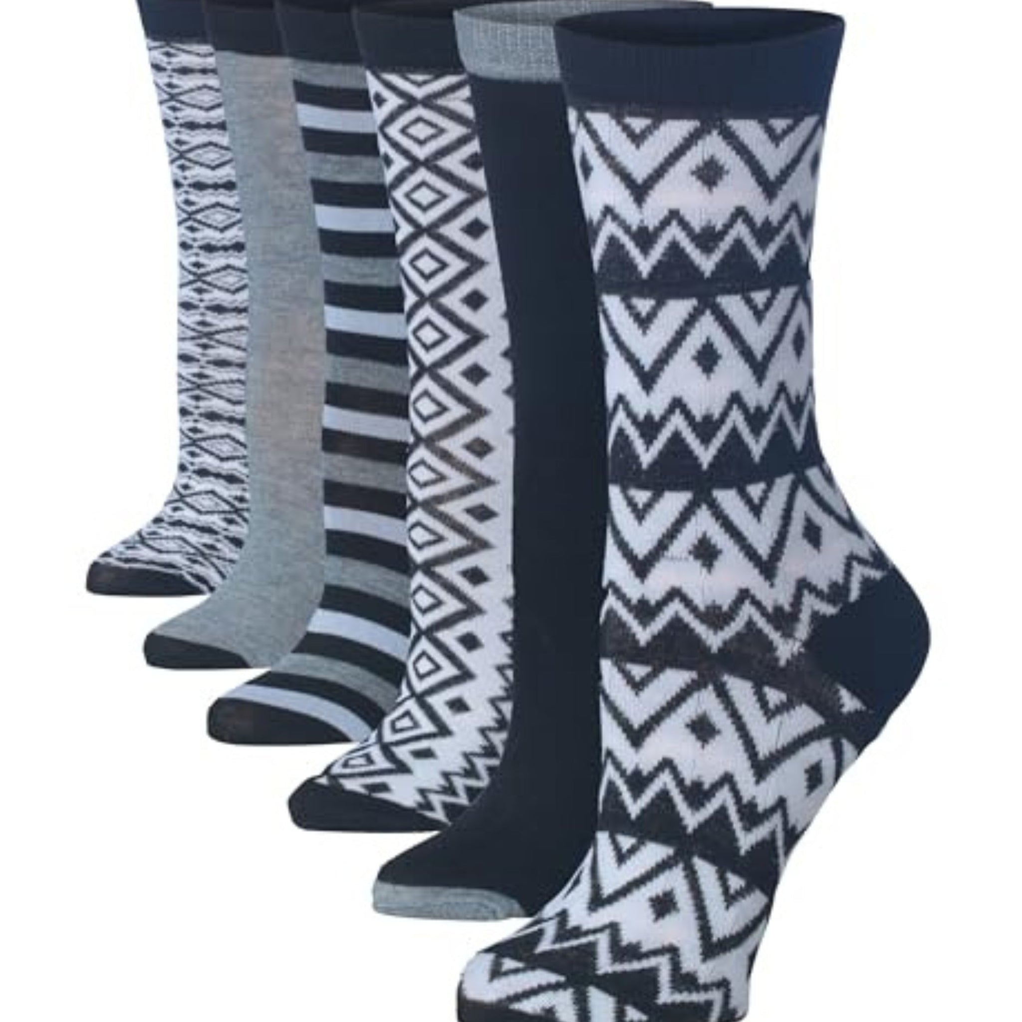 Women's 6 Pairs Variations Diverse Designs in Shades of Gray Crew