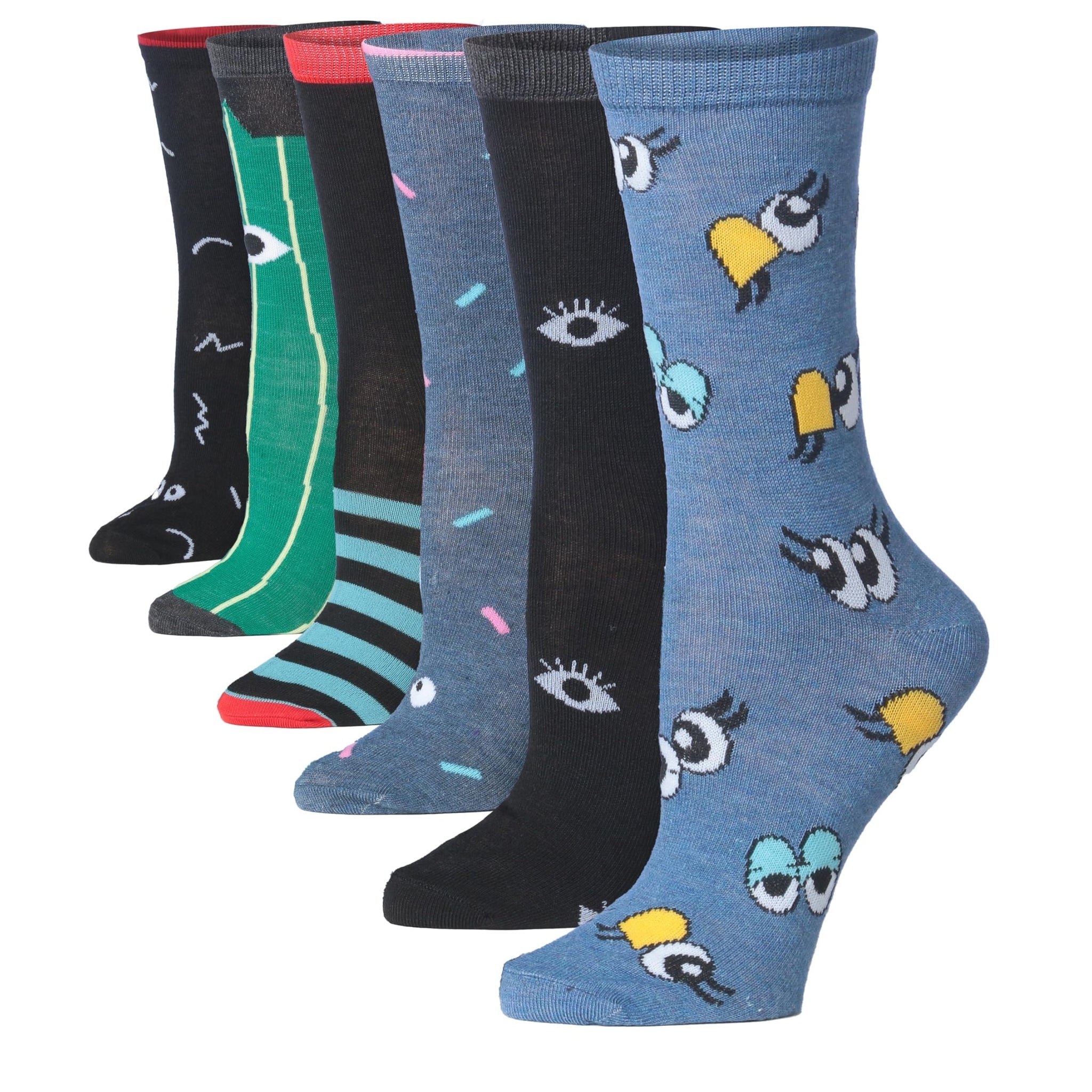 Women's 6-Pairs Colorful Dreamscape Funky Stripes Eyes Patterned Crew