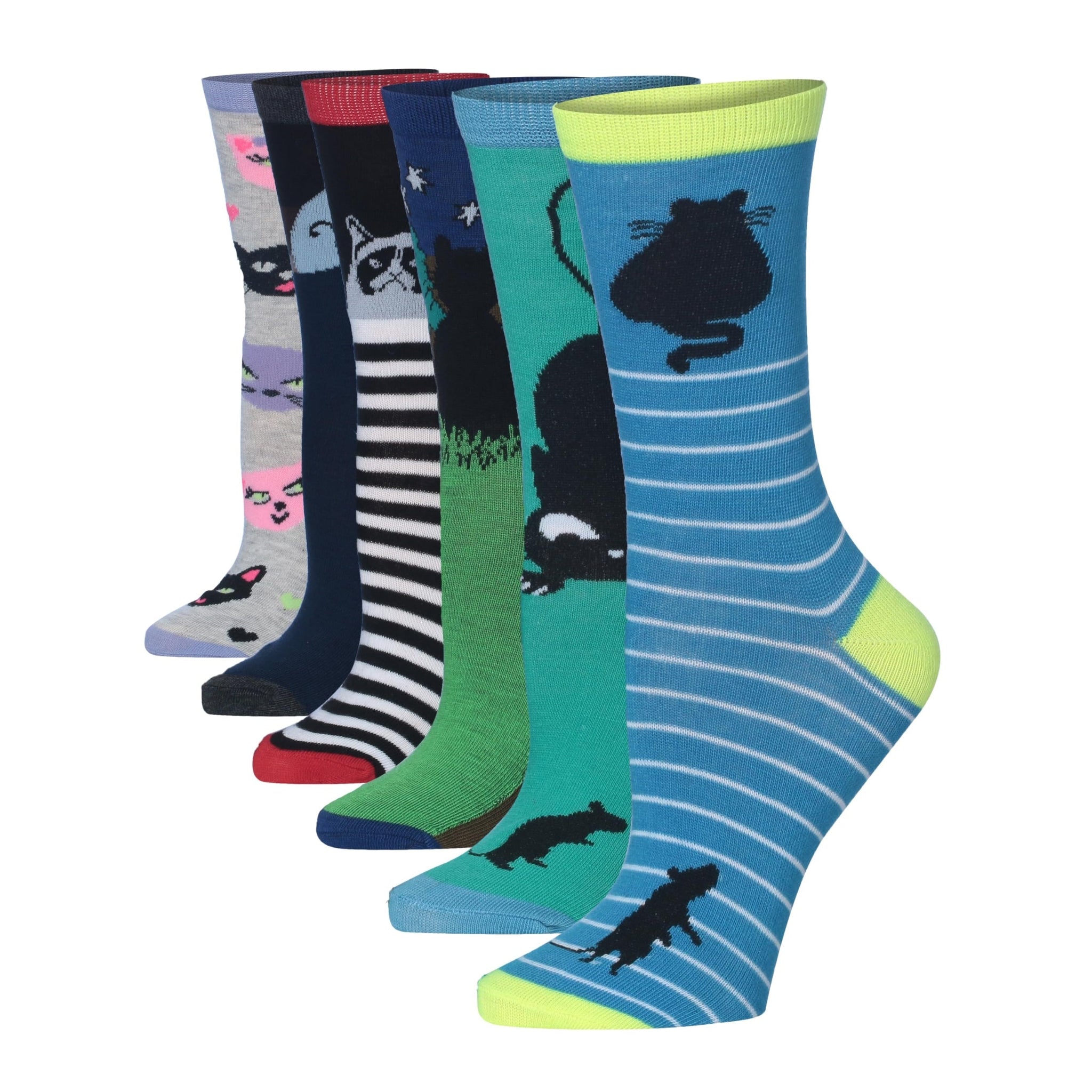 Women's 6-Pairs Lightweight Novelty Colorful Fashion Crew Cat Socks
