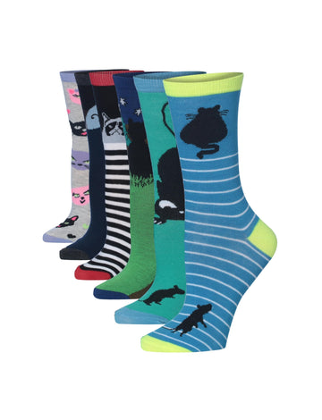 Women's 6-Pairs Lightweight Novelty Colorful Fashion Crew Cat Socks