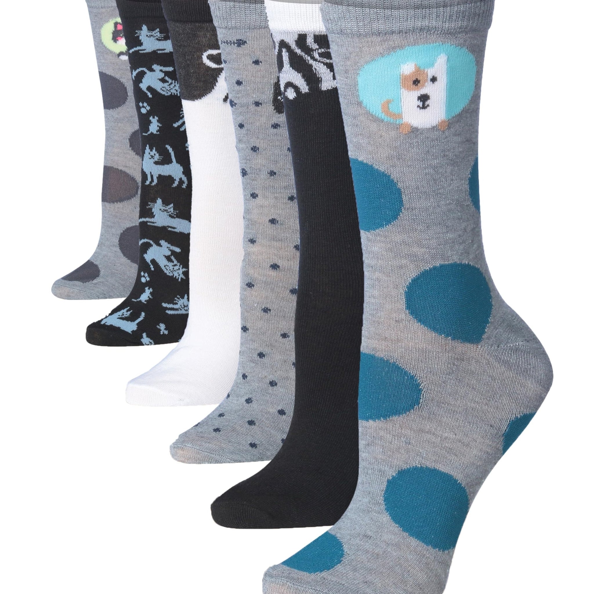 Women's 6-Pairs Monochrome Funky Pet Lover Furry Patterned Crew Dress
