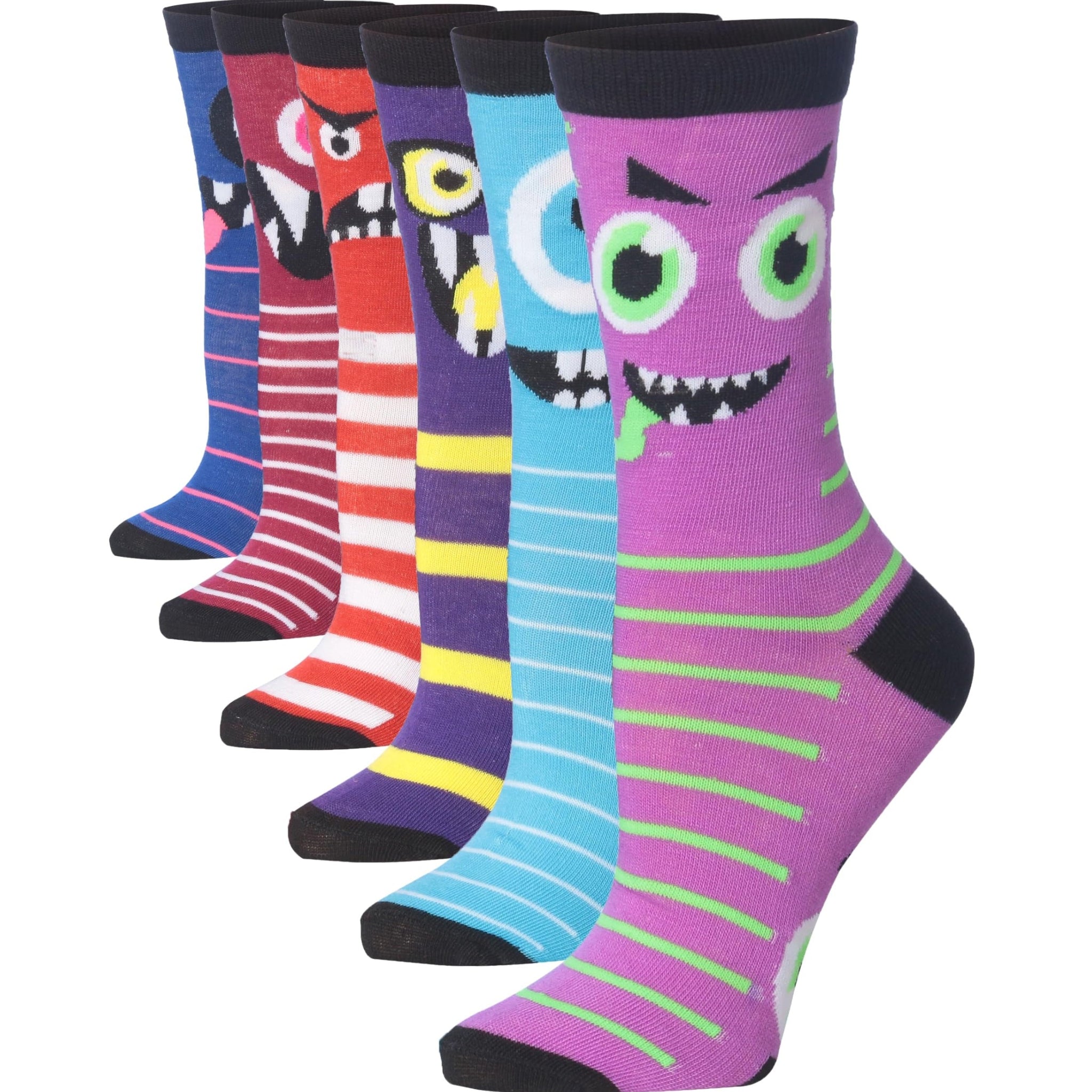 Women's 6-Pairs Colorful Rainbow Smiles Funky Adorable Monster Striped