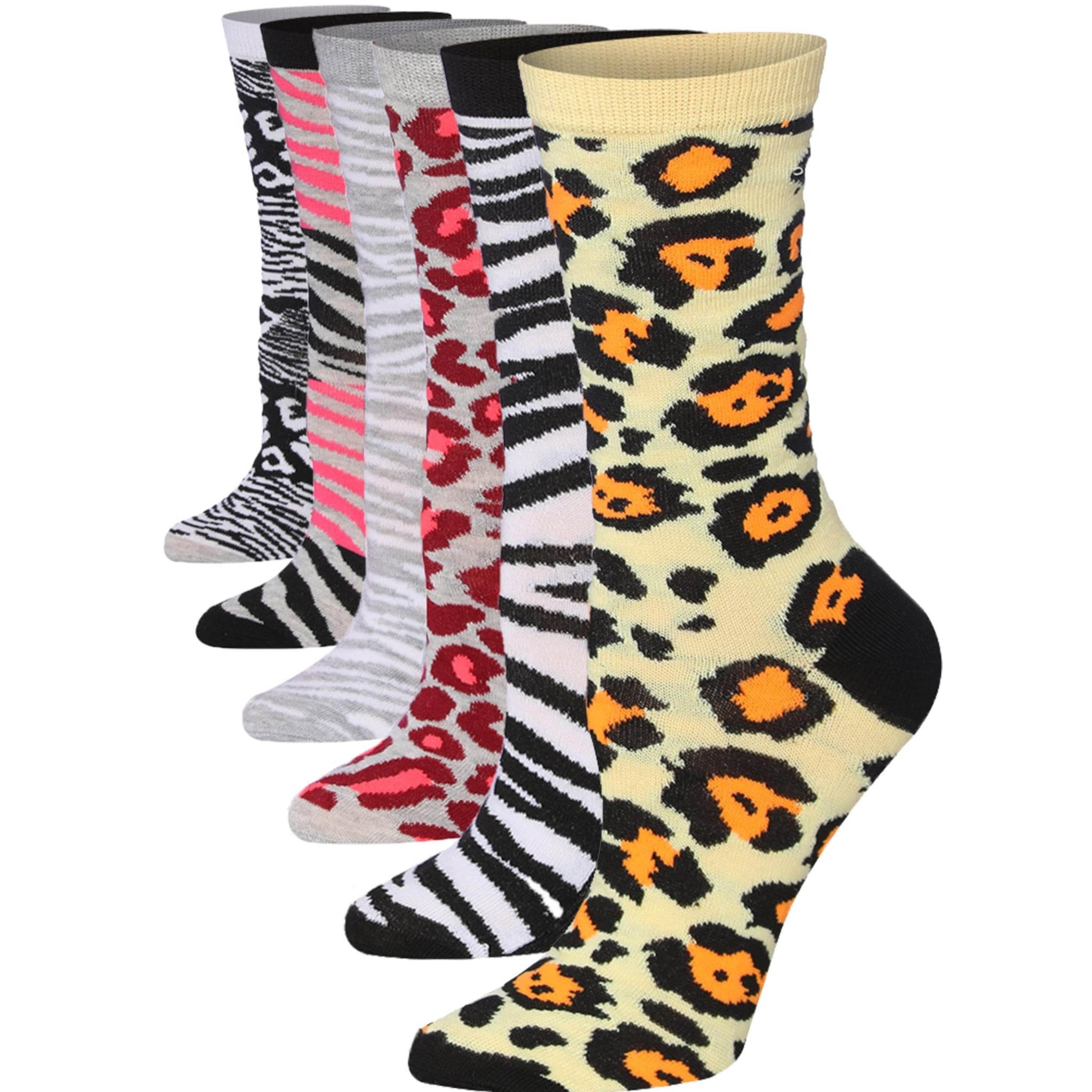 Women's 6-Pairs Colorful Funky Wild Safari Leopard Patterned Crew