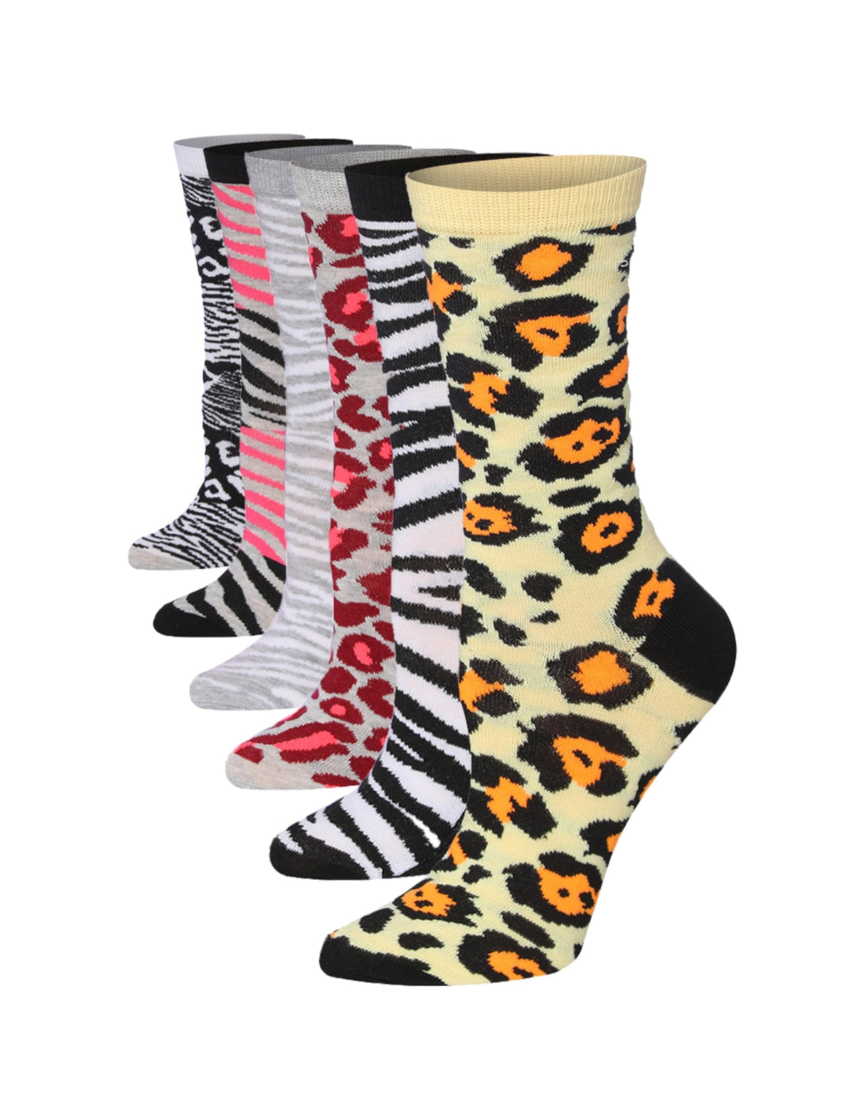 Women's 6-Pairs Colorful Funky Wild Safari Leopard Patterned Crew