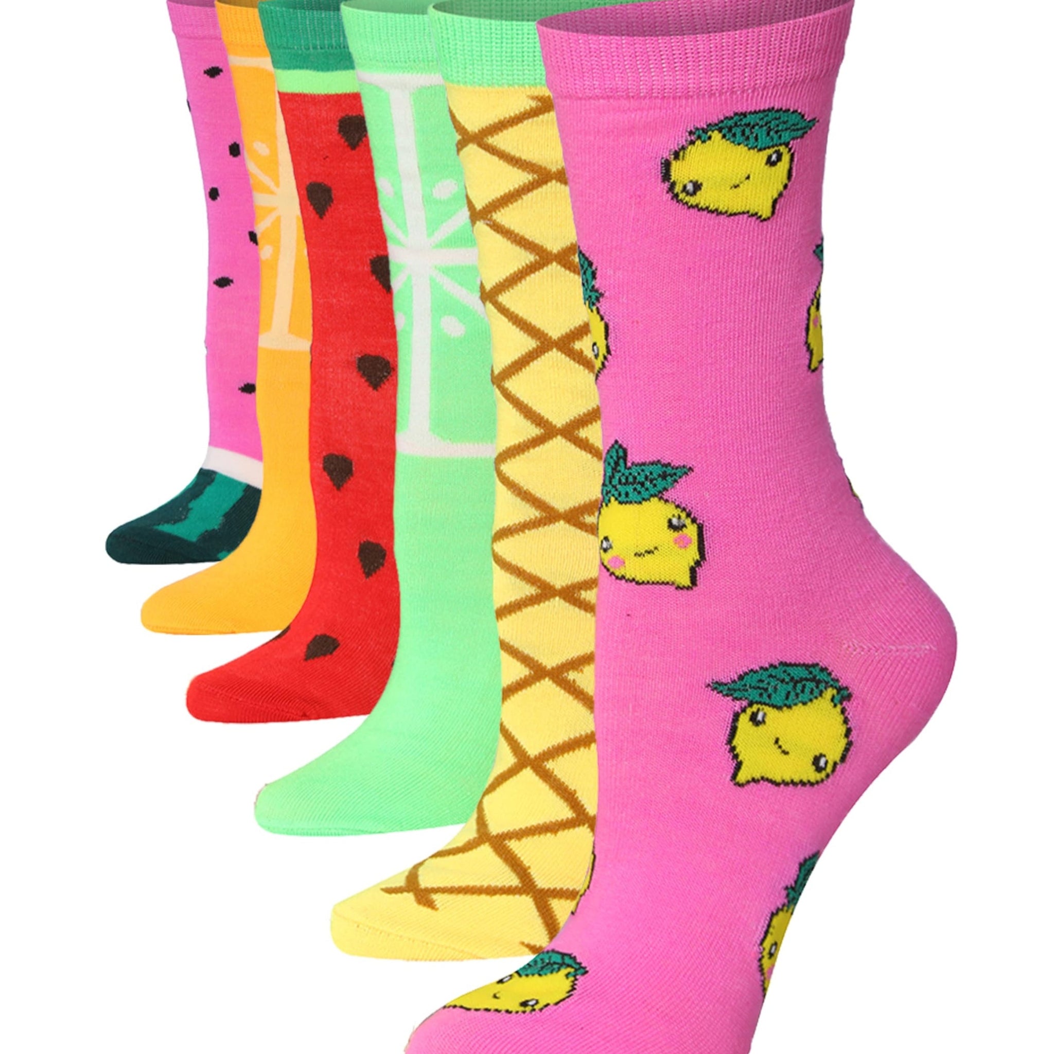 Women's 6-Pairs Colorful Light Colors Funky Fuity Patterned Crew Dress